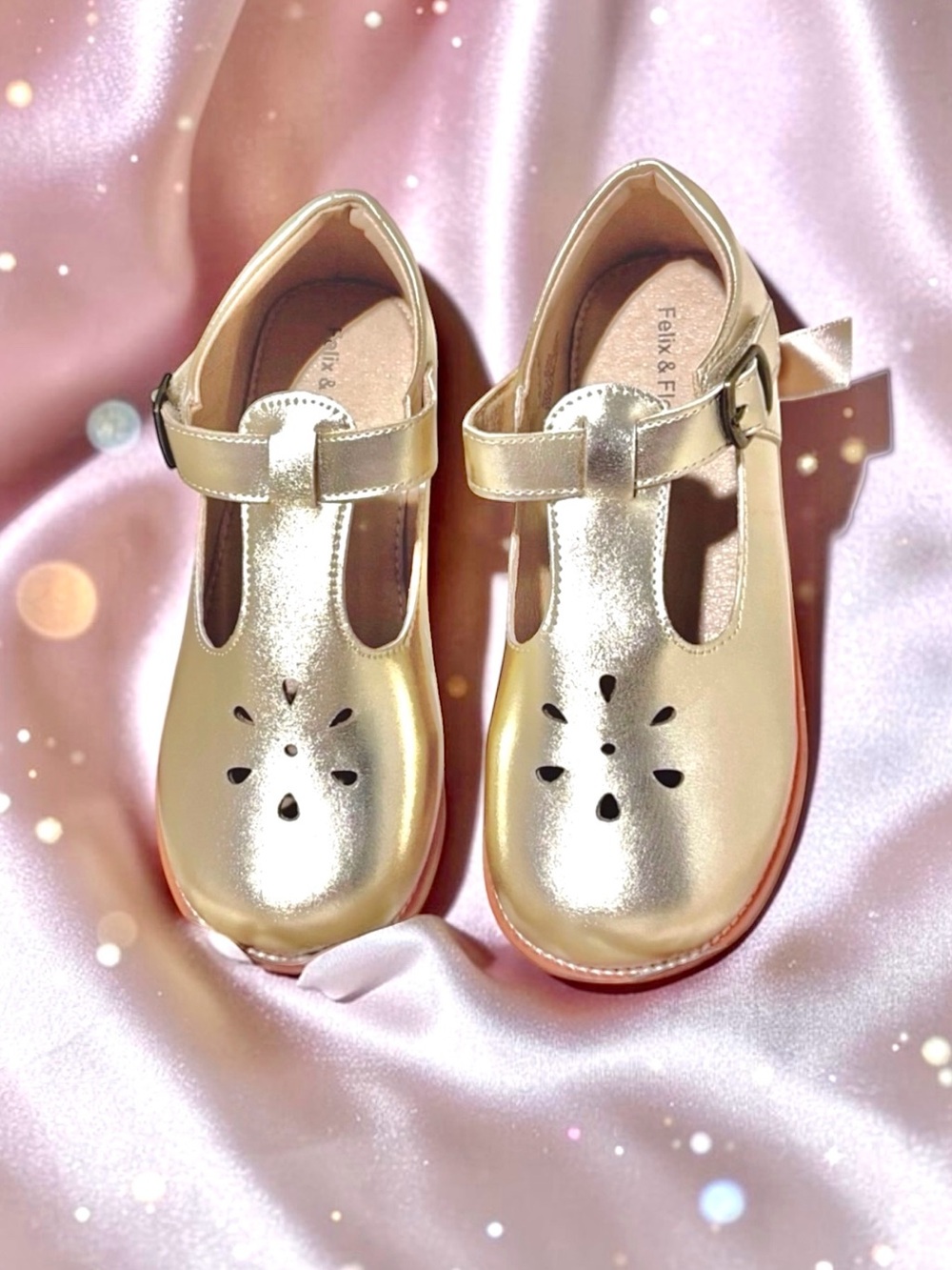 NWOT Felix & Flora Gold T‑Bar Mary Jane Flats Girls 13 Special Occasion ✨